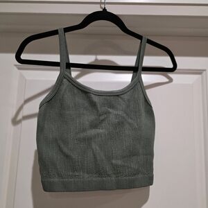 Ribbed Spaghetti-Strap Crop Top - Sage Green